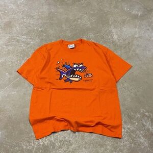 Vtg Cancun Shark T-Shirt XL Caribbean Side Mexico Funny Cartoon Fish Orange Tee